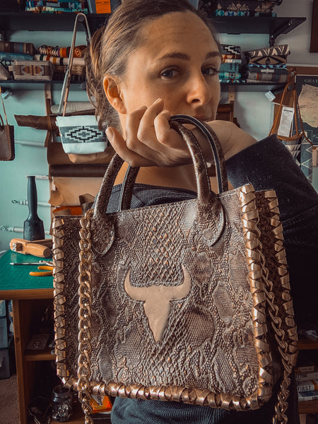 Embossed Python + Metallic Pink Skull Inlay