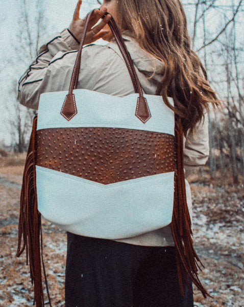 Eggshell & Cognac Ostrich Elkhorn Tote