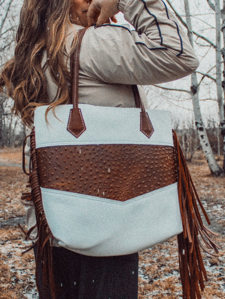 Eggshell & Cognac Ostrich Elkhorn Tote